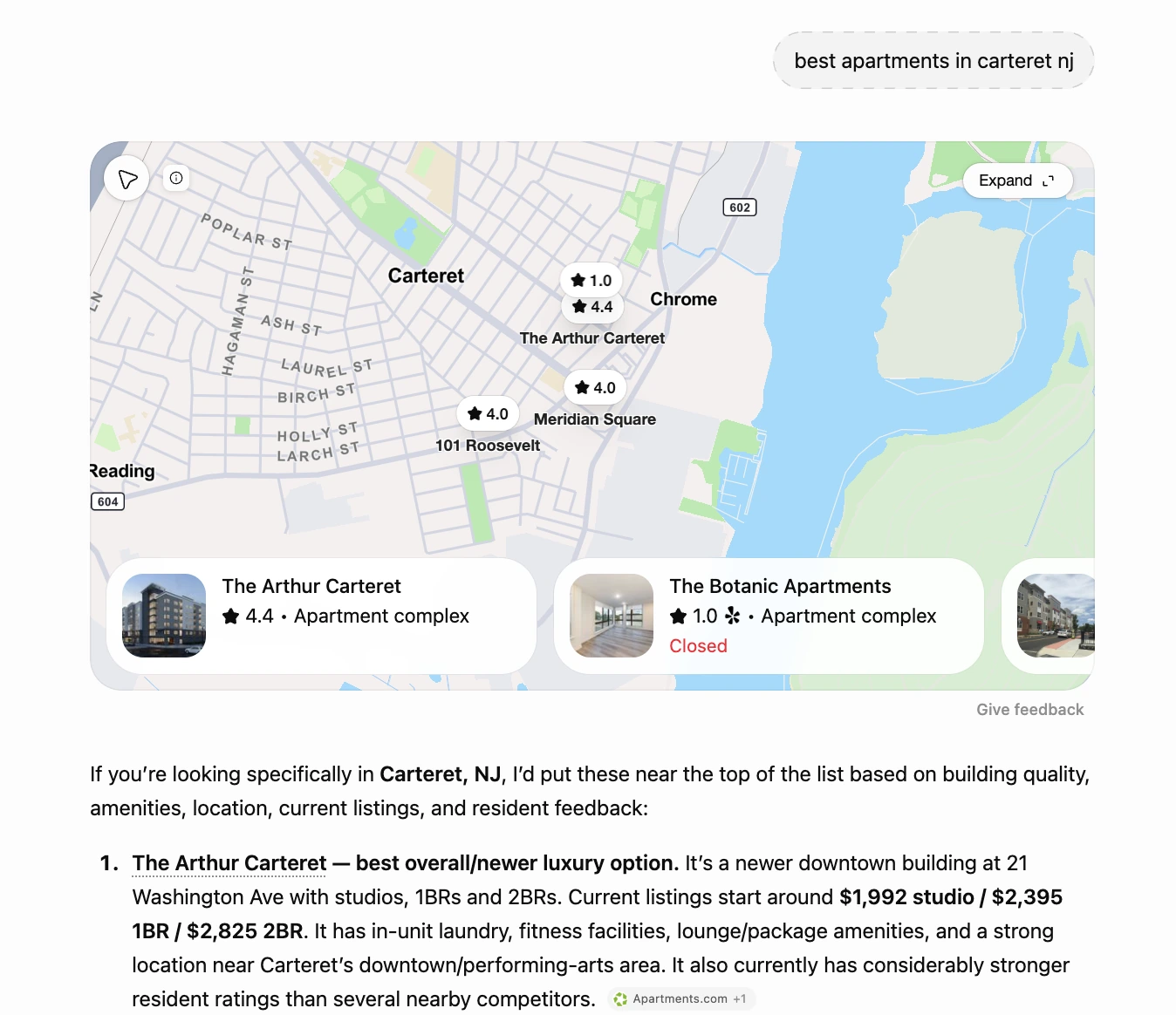 ChatGPT asked for the best apartments in Carteret, ranking The Arthur first