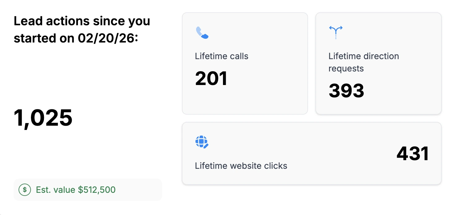 Lead actions since February 2026: 201 calls, 393 direction requests, 431 website clicks