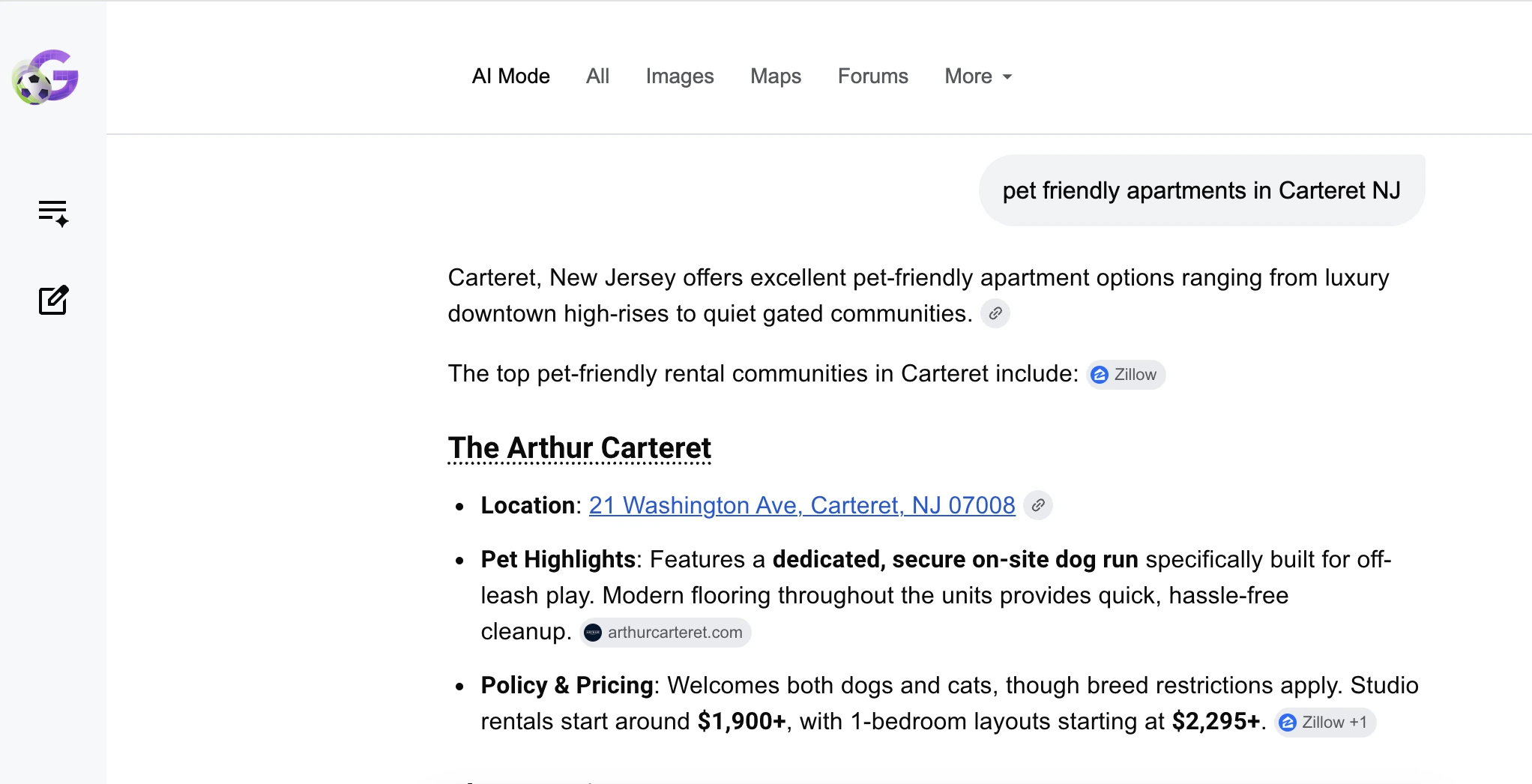 Google AI Mode naming The Arthur Carteret and citing arthurcarteret.com