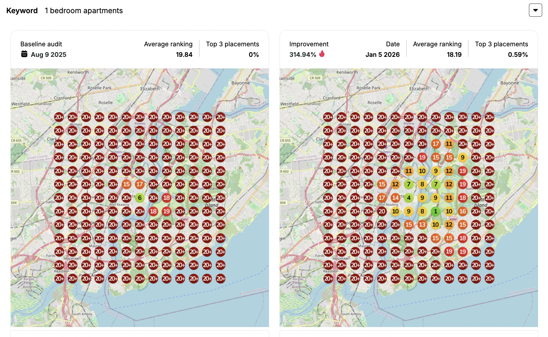 Search visibility around Staten Island before the work, August 2025